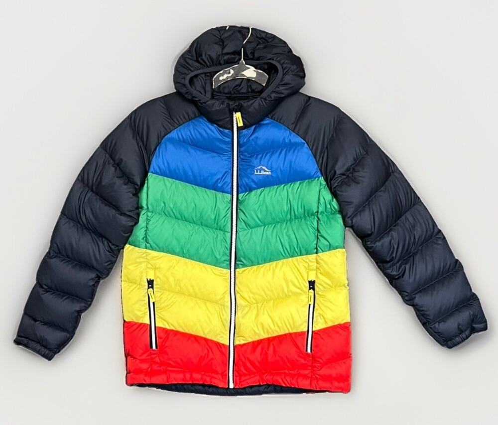 LL Bean DownTek Kids Down Puffer Jacket L 14-16 Colorblock Hooded Winter